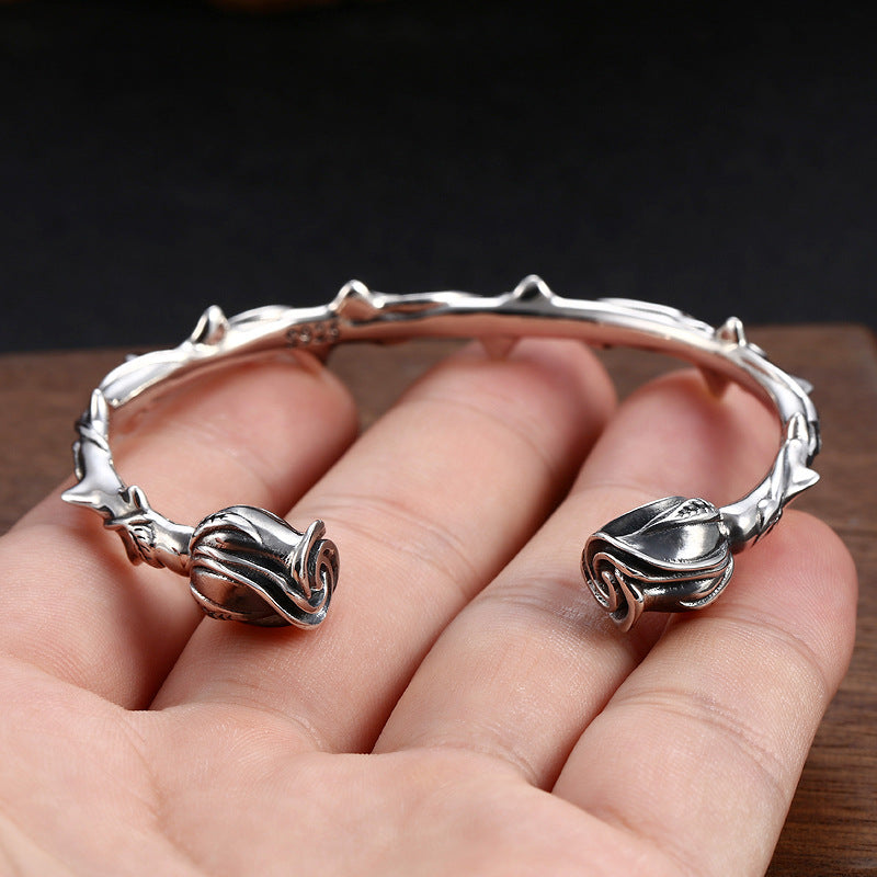 Rose 925 Silver Bracelet | Floral Cuff Bangle | Unisex UK
