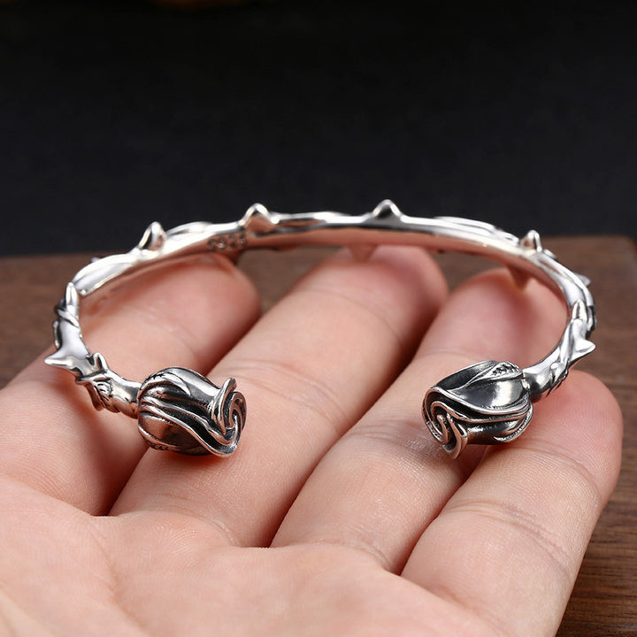 Rose 925 Silver Bracelet | Floral Cuff Bangle | Unisex UK