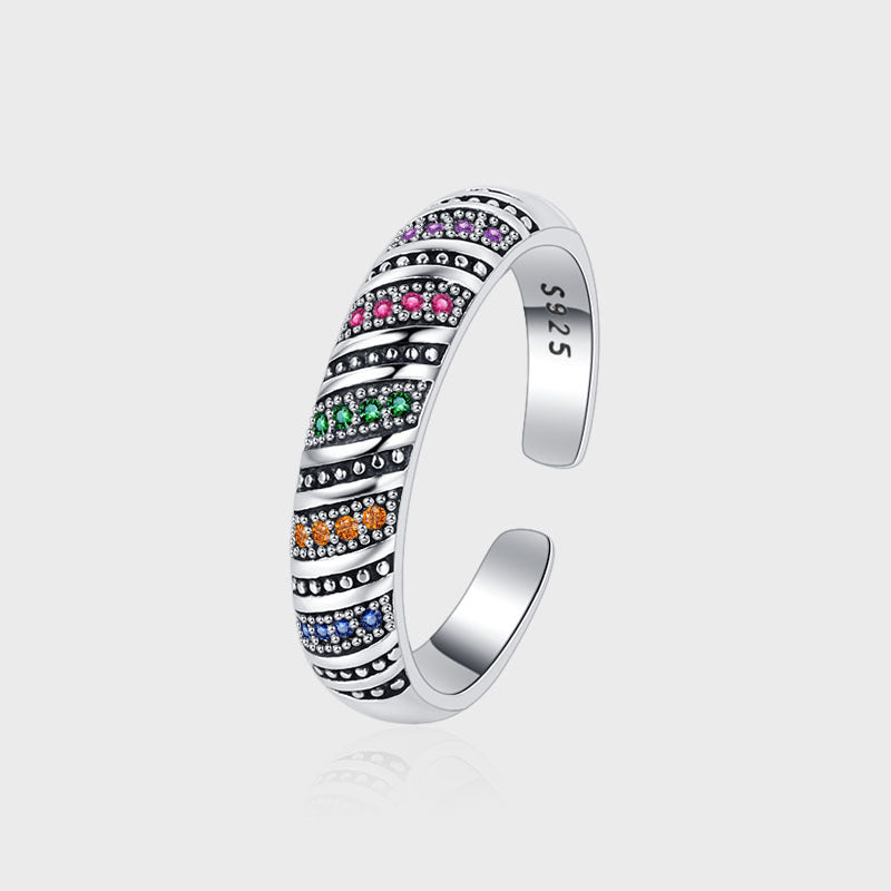 Colorful Crystal Band Ring 925 Sterling Silver Adjustable