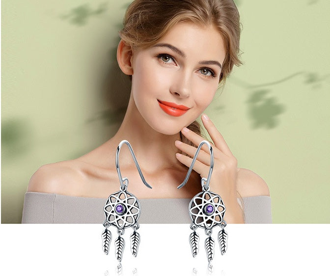 925 Sterling Silver Dreamcatcher Earrings - Bohemian Feather Drop Earrings.