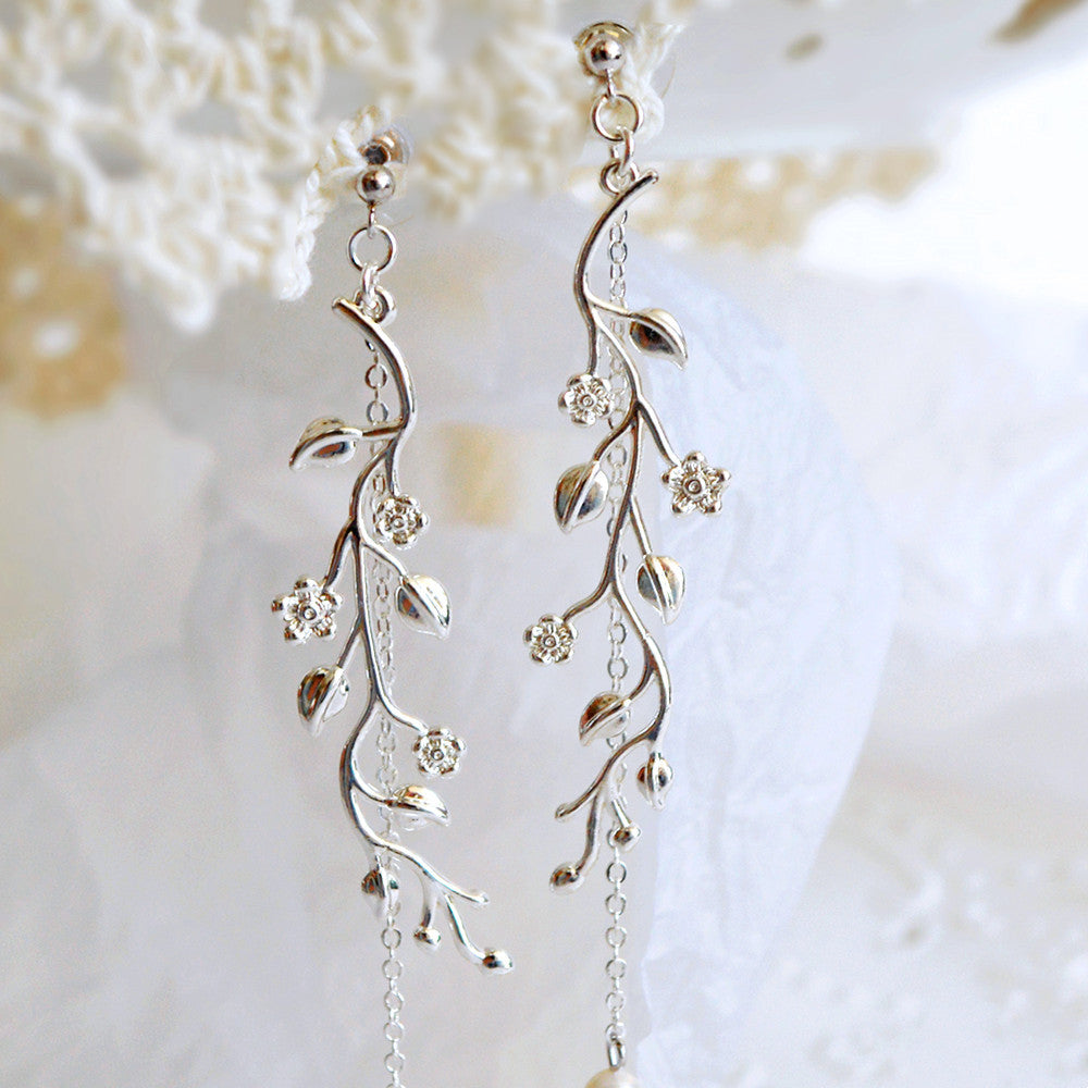 925 Sterling Silver Long Tassel Earrings - Leaf Vine Drop Earrings with Pearl.