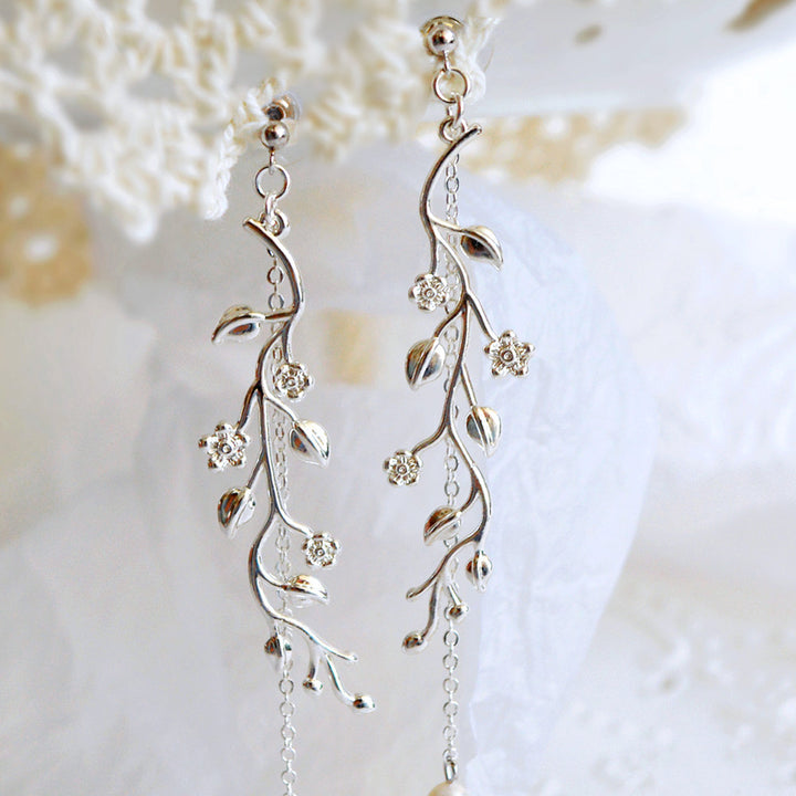 925 Sterling Silver Long Tassel Earrings - Leaf Vine Drop Earrings with Pearl.