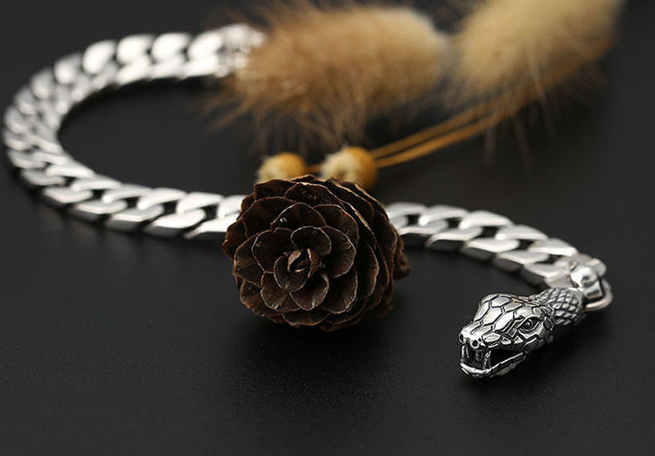 925 Sterling Silver Snake Head Bracelet - Thai Silver Chain Bracelet for Men.