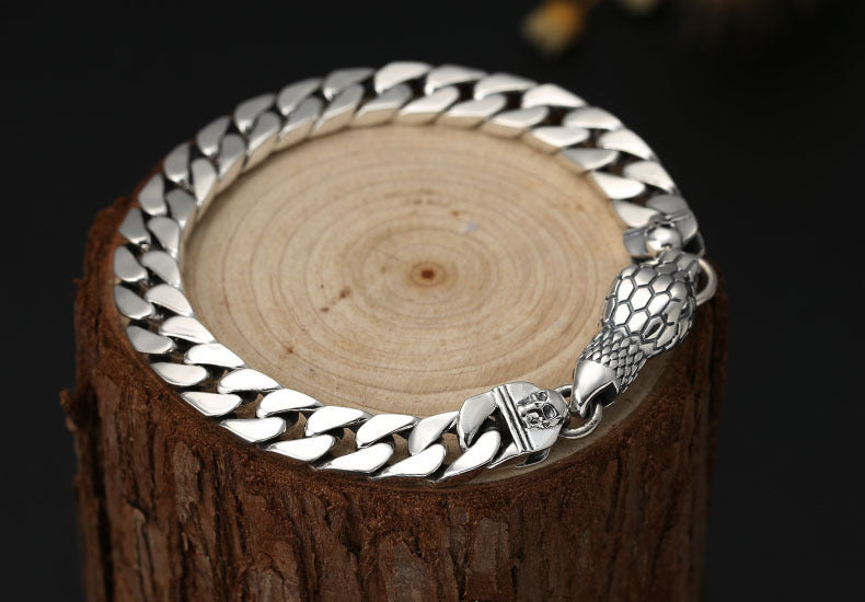 925 Sterling Silver Snake Head Bracelet - Thai Silver Chain Bracelet for Men.