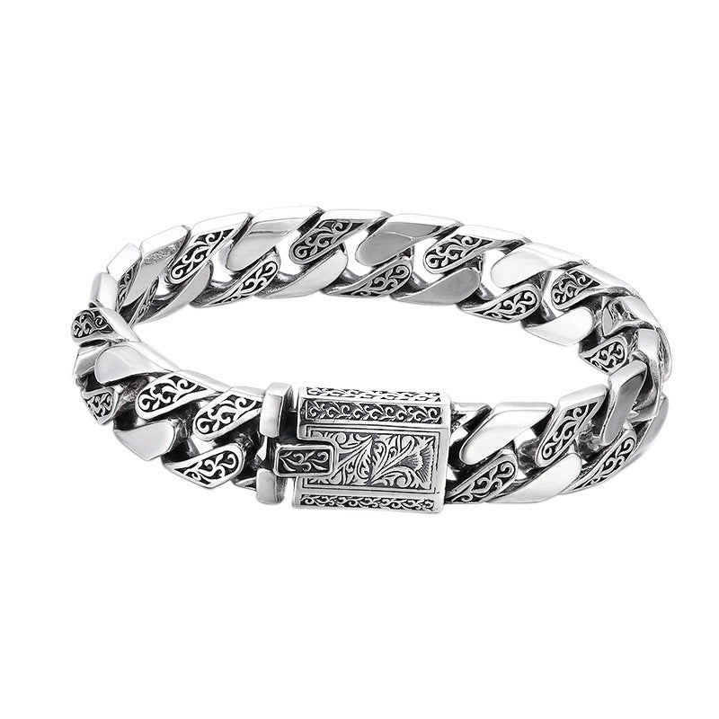 925 Sterling Silver Cuban Chain Bracelet - Heavy Tangcao Pattern Men's Bracelet.