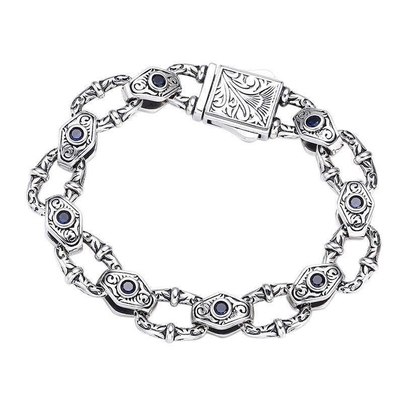925 Sterling Silver Men's Bracelet - Embossed Pattern Chain Bracelet.