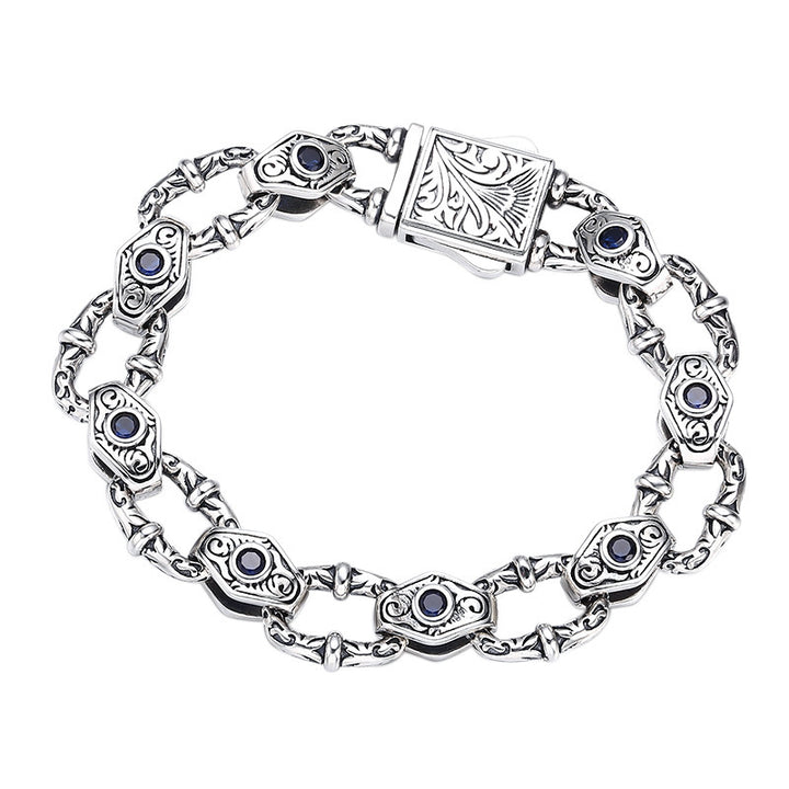 925 Sterling Silver Men's Bracelet - Embossed Pattern Chain Bracelet.