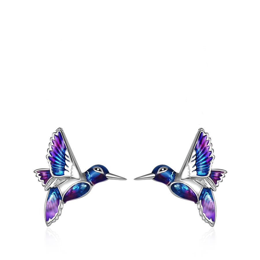 925 Sterling Silver Hummingbird Earrings - Blue Enamel Bird Stud Earrings.