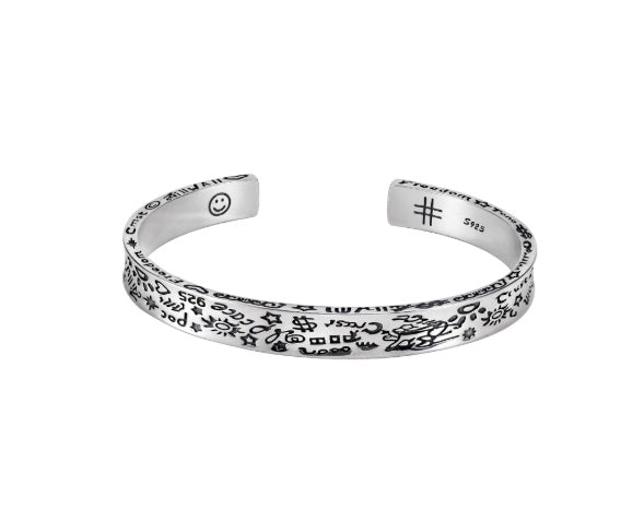925 Sterling Silver Graffiti Bracelet Men's Hip-hop Retro.