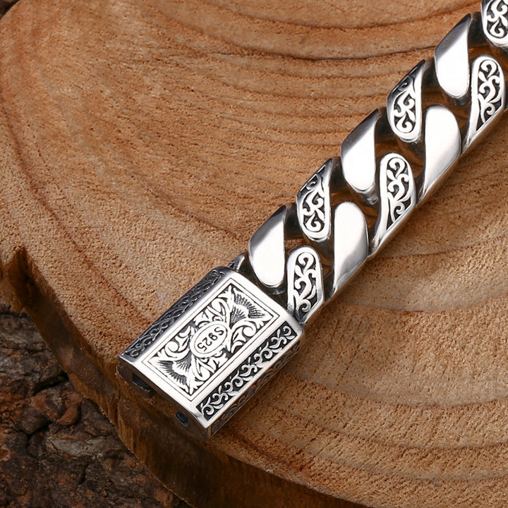 925 Sterling Silver Cuban Chain Bracelet - Heavy Tangcao Pattern Men's Bracelet.
