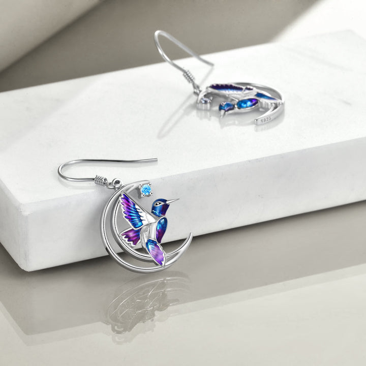 925 Sterling Silver Hummingbird Earrings - Blue Enamel Bird Stud Earrings.