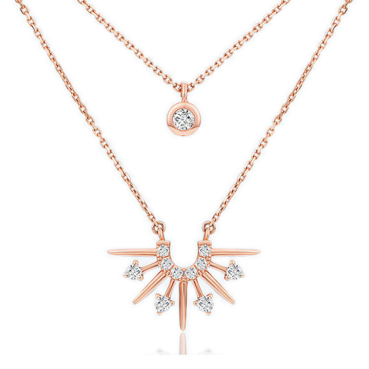 New CZ Sunrise Sunshine Double Layer 925 Sterling Silver Necklace