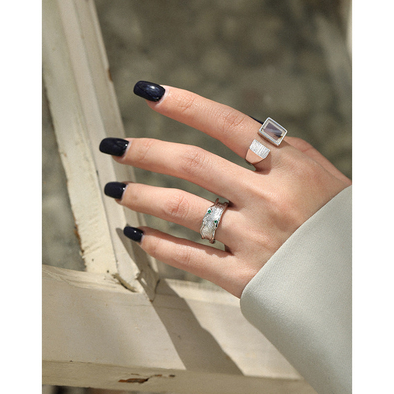 Men's Geometry Square Natural Agate 925 Sterling Silver Adjustable Ring