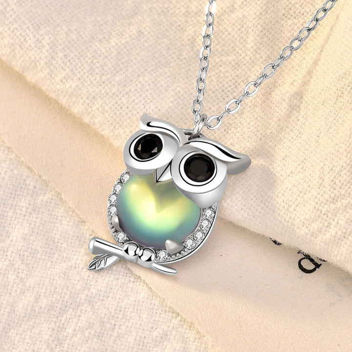 Cute Natural Moonstone CZ Owl 925 Sterling Silver Necklace