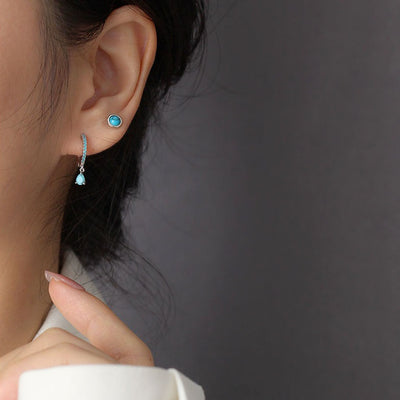 Simple Geometry Round Created Agate Moonstone Turquoise  925 Sterling Silver Stud Earrings