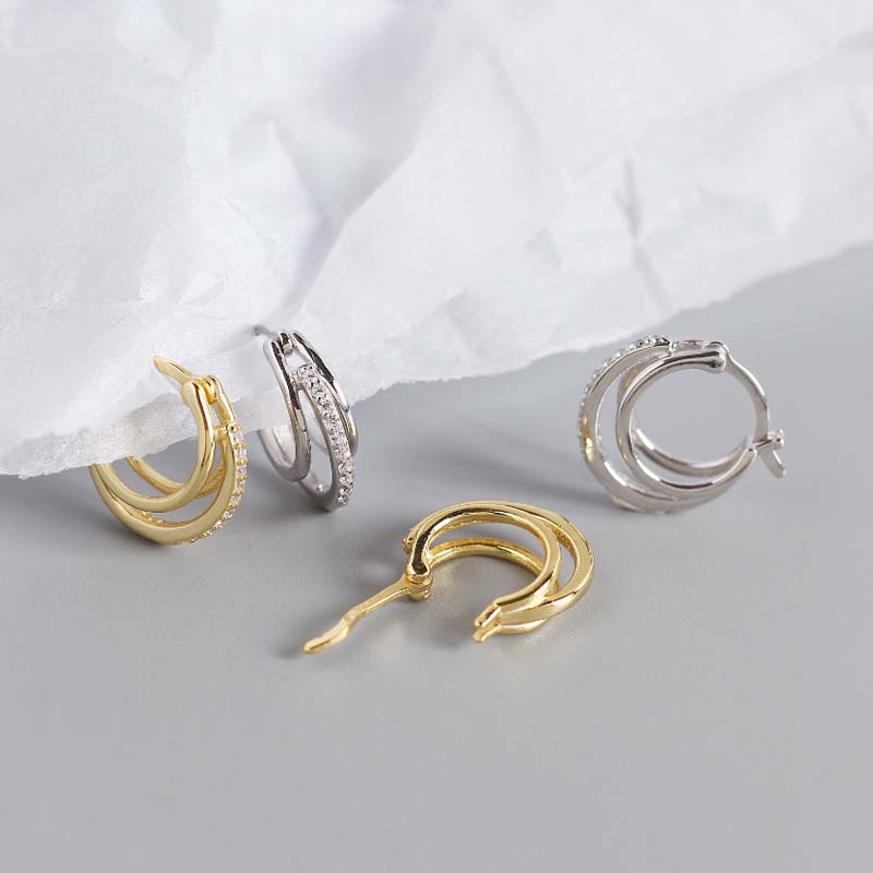 925 Sterling Silver CZ Hoop Earrings - Three Circle Geometric Design for Women