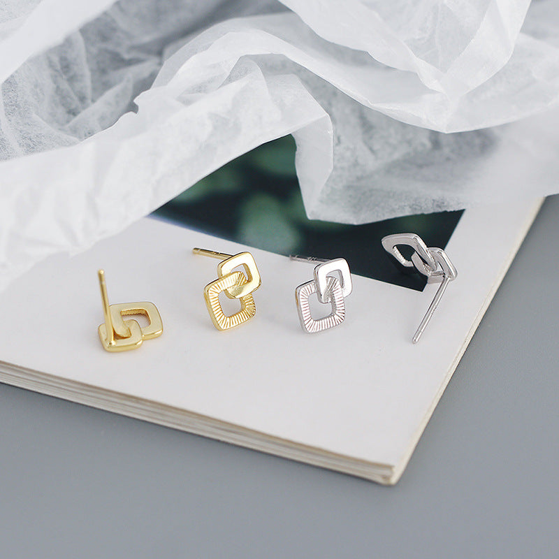 Geometry Double Hollow Square Cross 925 Sterling Silver Stud Earrings