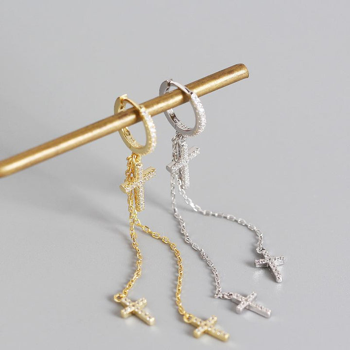 Elegant CZ Cross Tassels 925 Sterling Silver Hoop Earrings