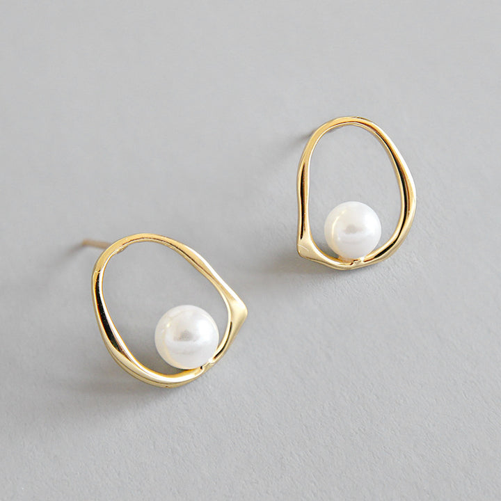 Geometric Round Shell Pearl 925 Sterling Gold Studs Earrings