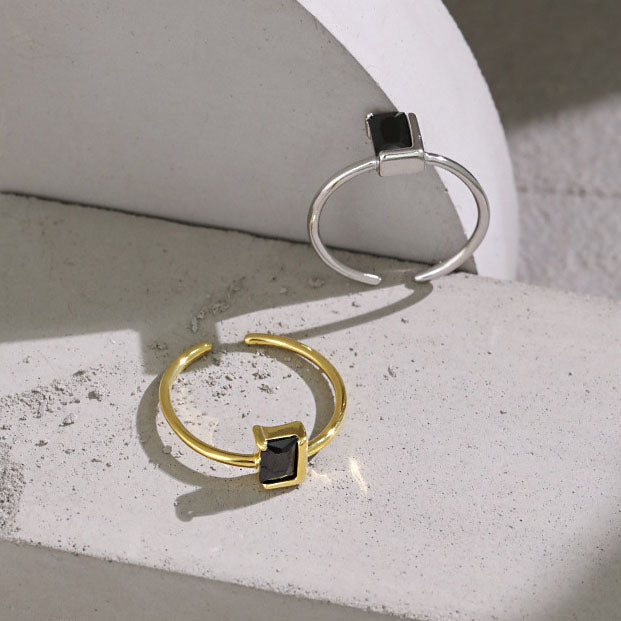 Elegant Black CZ Baguette Geometry 925 Sterling Silver Adjustable Ring