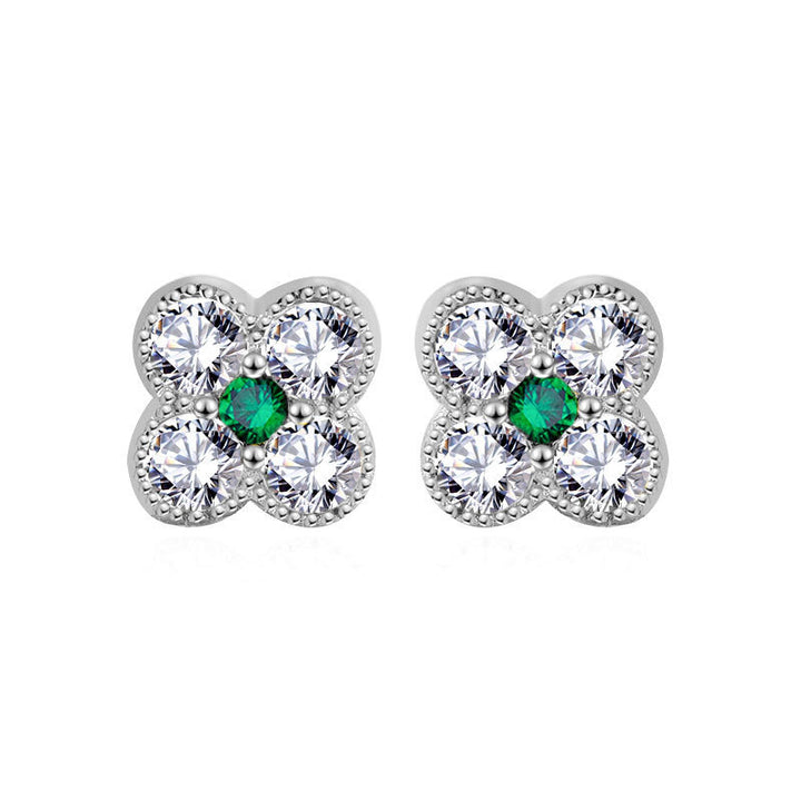 Cute Mini CZ Four Leaf Clover Lucky 925 Sterling Silver Stud Earrings