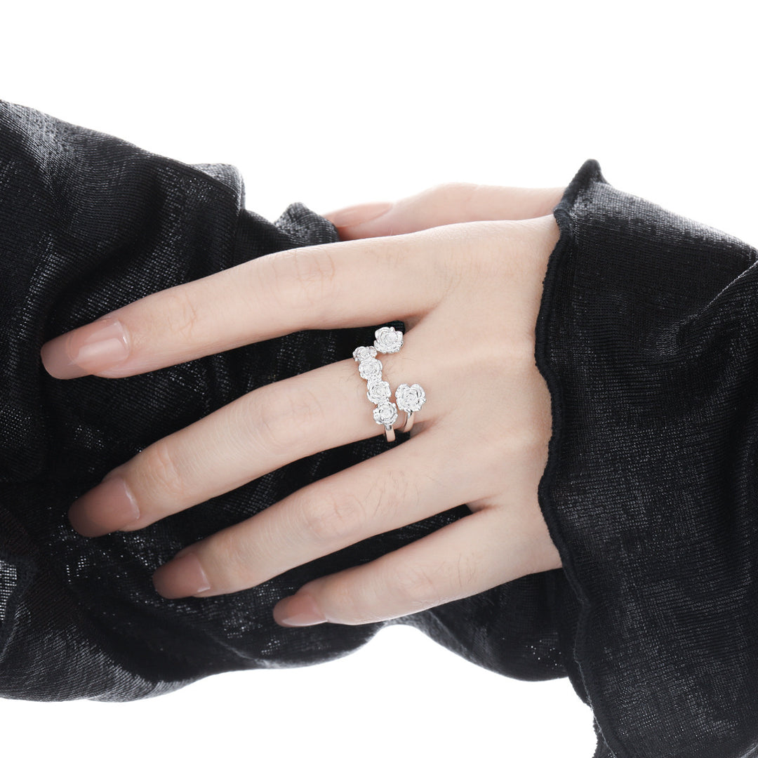 Women Beautiful Rose Flowers 925 Sterling Silver Adjustable Ring