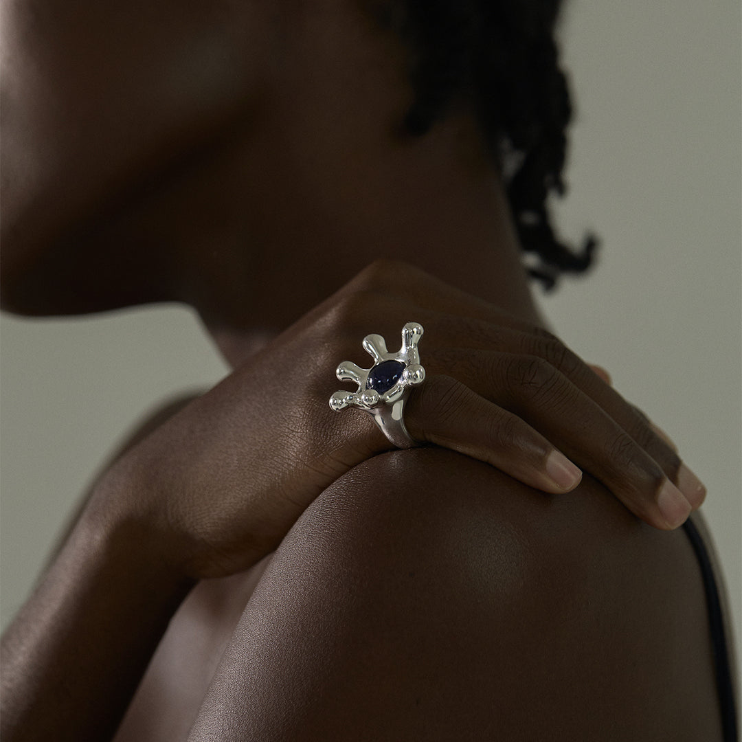 Stylish for Women Sophisticated 999 Pure Silver Elegant Gemstone Irregular Crown Electroforming Adjustable Statement Ring