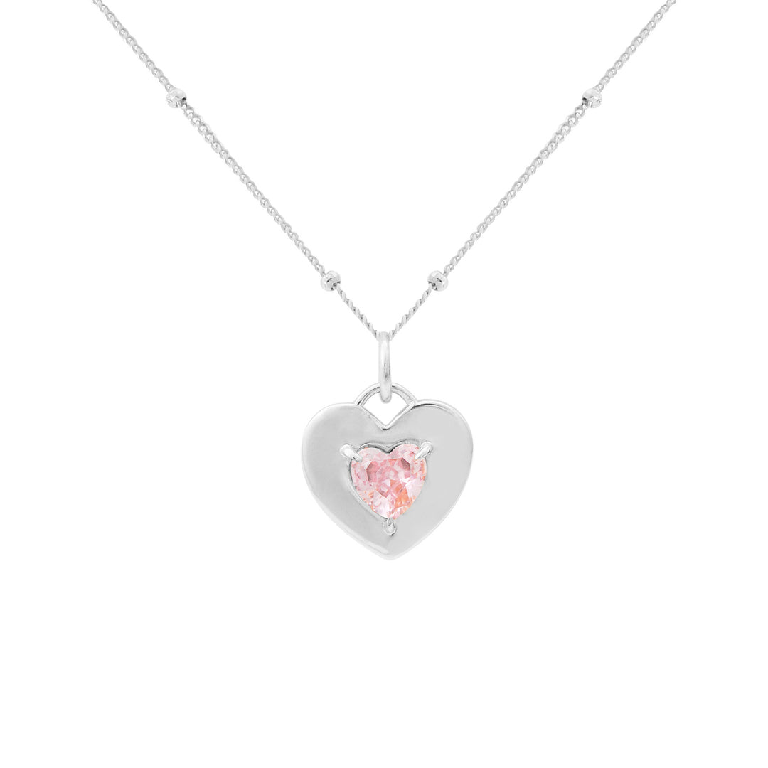 Dual Two Sides Wearing Styles Pink CZ Heart 925 Sterling Silver Necklace