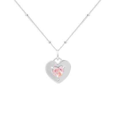 Dual Two Sides Wearing Styles Pink CZ Heart 925 Sterling Silver Necklace