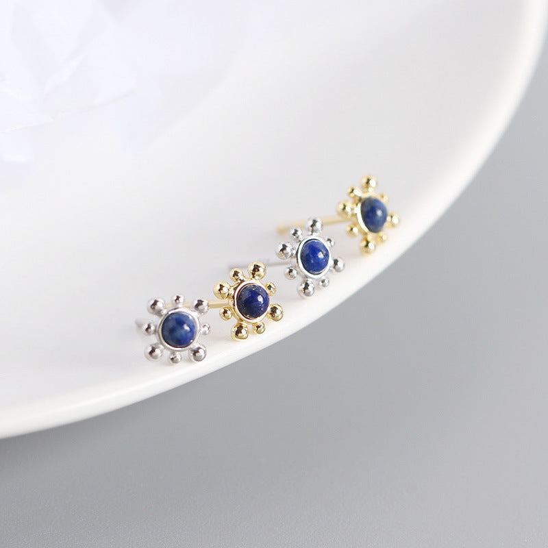 Geometry Blue Natural Lpis Lazuli Sun 925 Sterling Silver Stud Earrings