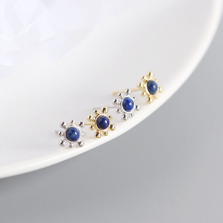 Geometry Blue Natural Lpis Lazuli Sun 925 Sterling Silver Stud Earrings