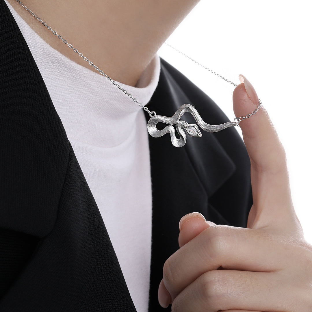 Modern Rhombus CZ Curved Snake 925 Sterling Silver Necklace
