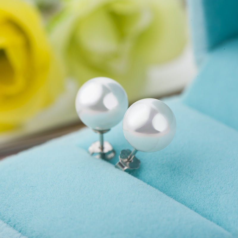 Fashion 925 Sterling Silver White Shell Pearl Concise Studs Earrings(6/8mm)