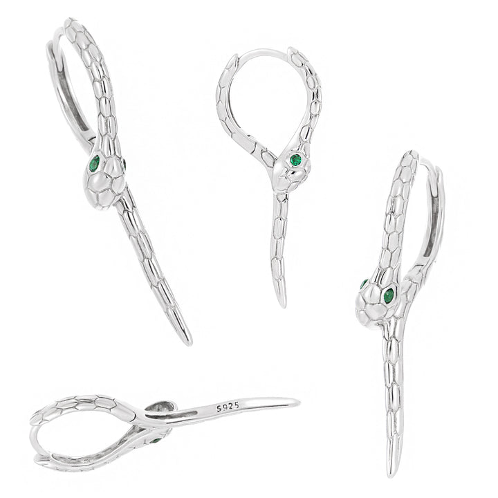 Modern Animal Gree CZ Eye Snake 925 Sterling Silver Leverback Dangling Earrings