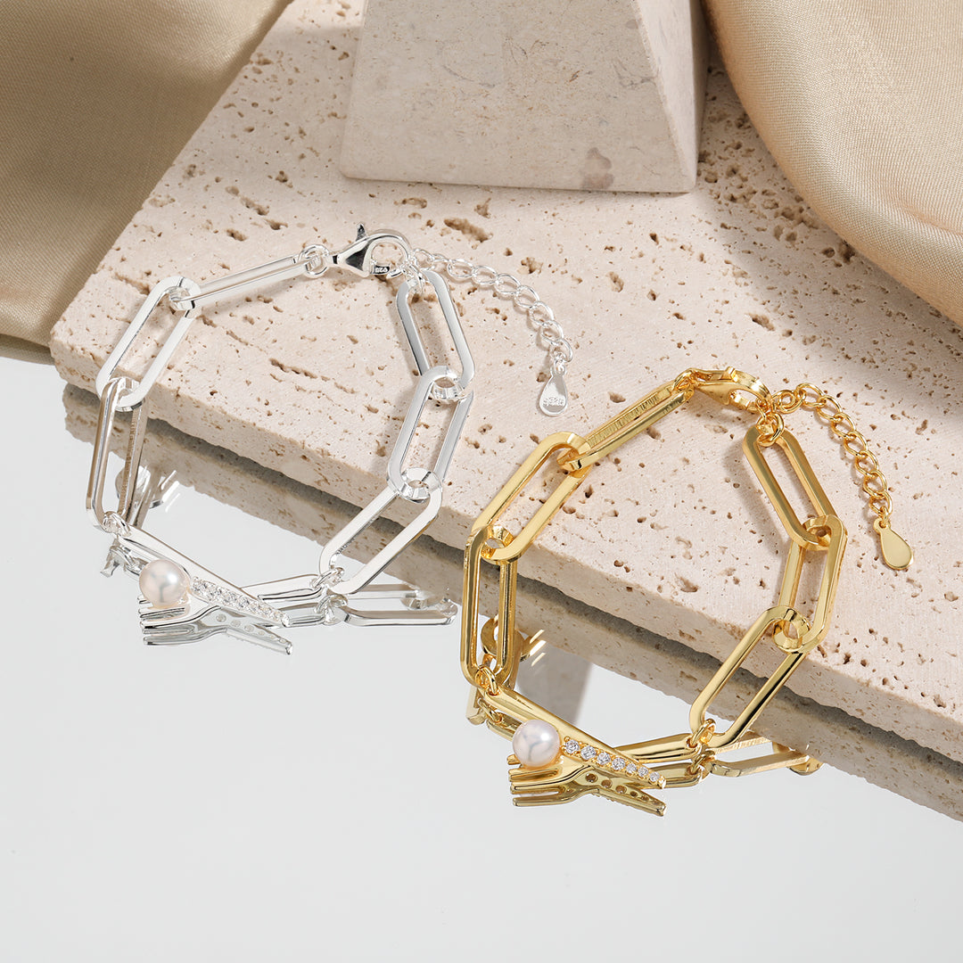 Fashion Natural Pearl Fork CZ Knift 925 Sterling Silver Hollow Chain Bracelet