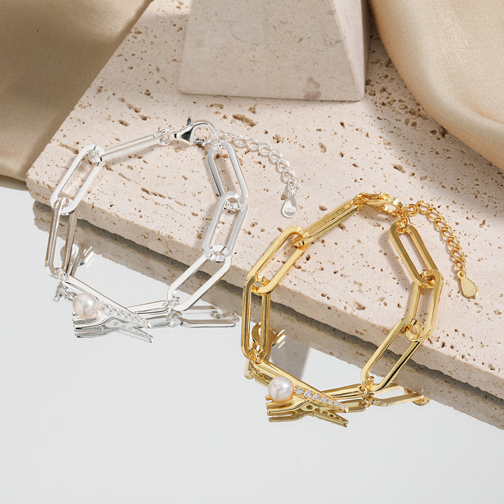 Fashion Natural Pearl Fork CZ Knift 925 Sterling Silver Hollow Chain Bracelet