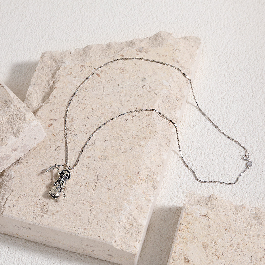 Vintage A Skeleton Holding A Sickle 925 Sterling Silver Necklace