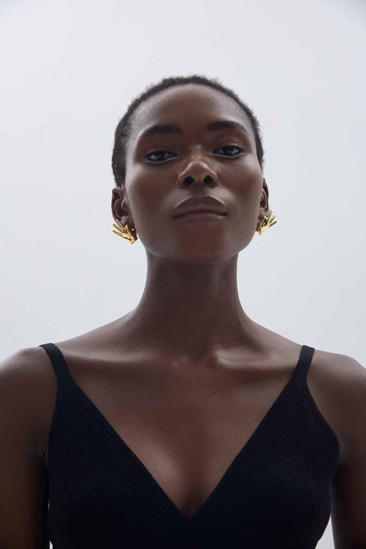 Fine Jewelry Holiday Yellow Gold Plated OK Hand S999 Sterling Silver Electroforming Hollow Light Exaggerated Earrings