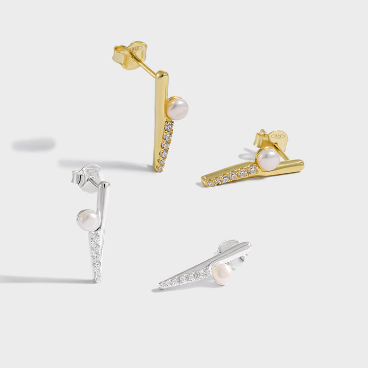 Fashion Round Shell Pearls CZ Strips 925 Sterling Silver Stud Earrings