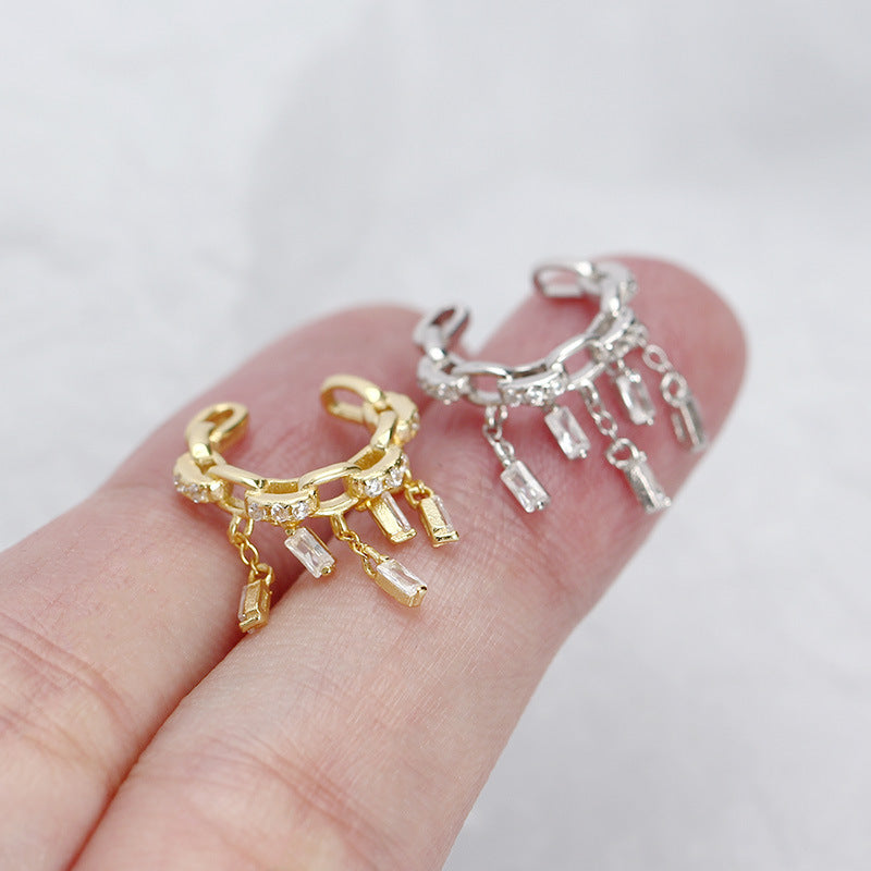 Fashion CZ Hollow Chain Tassels 925 Sterling Silver Non-Pierced Earring(Single)