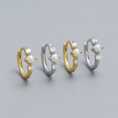 Simple Round Shell Pearls CZ 925 Sterling Silver Hoop Earrings