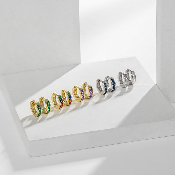 925 Silver Rainbow CZ Huggie Earrings - Small Colorful Hoop Earrings 10 Colors
