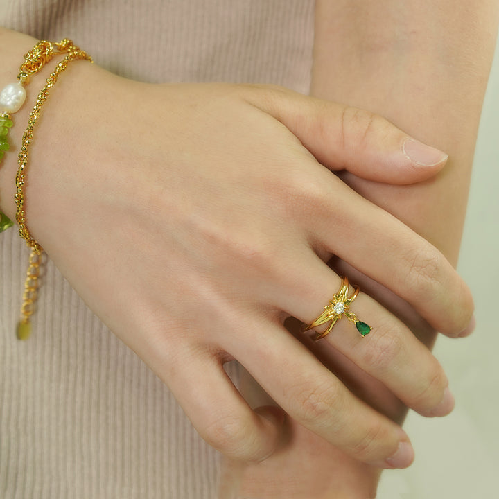 Elegant Double Layers Waterdrop CZ Drops 925 Sterling Silver Adjustable Ring