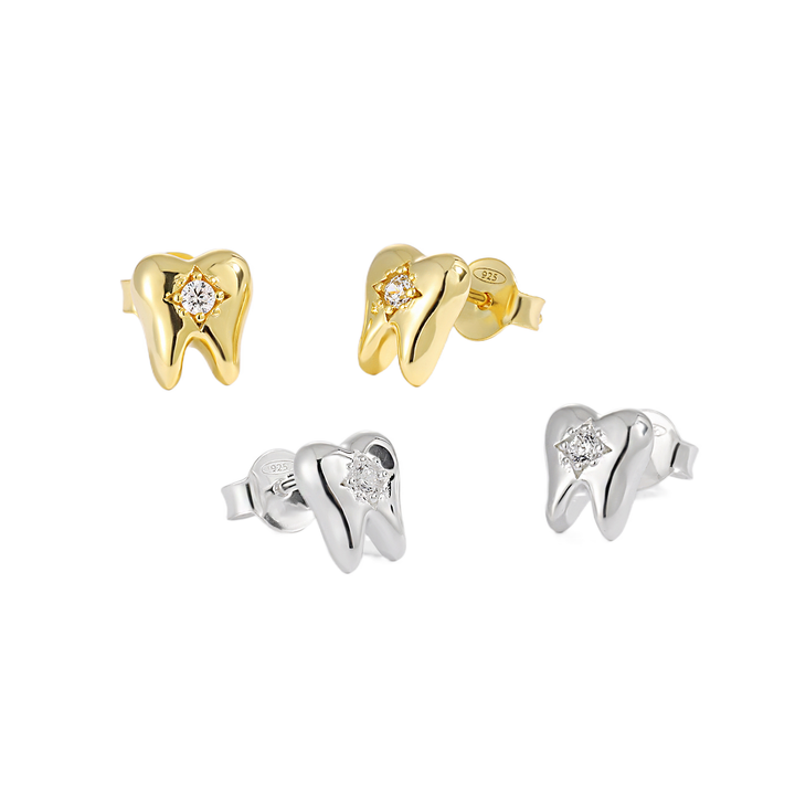 Modern CZ Fashion Tooth Shape 925 Sterling Silver Stud Earrings