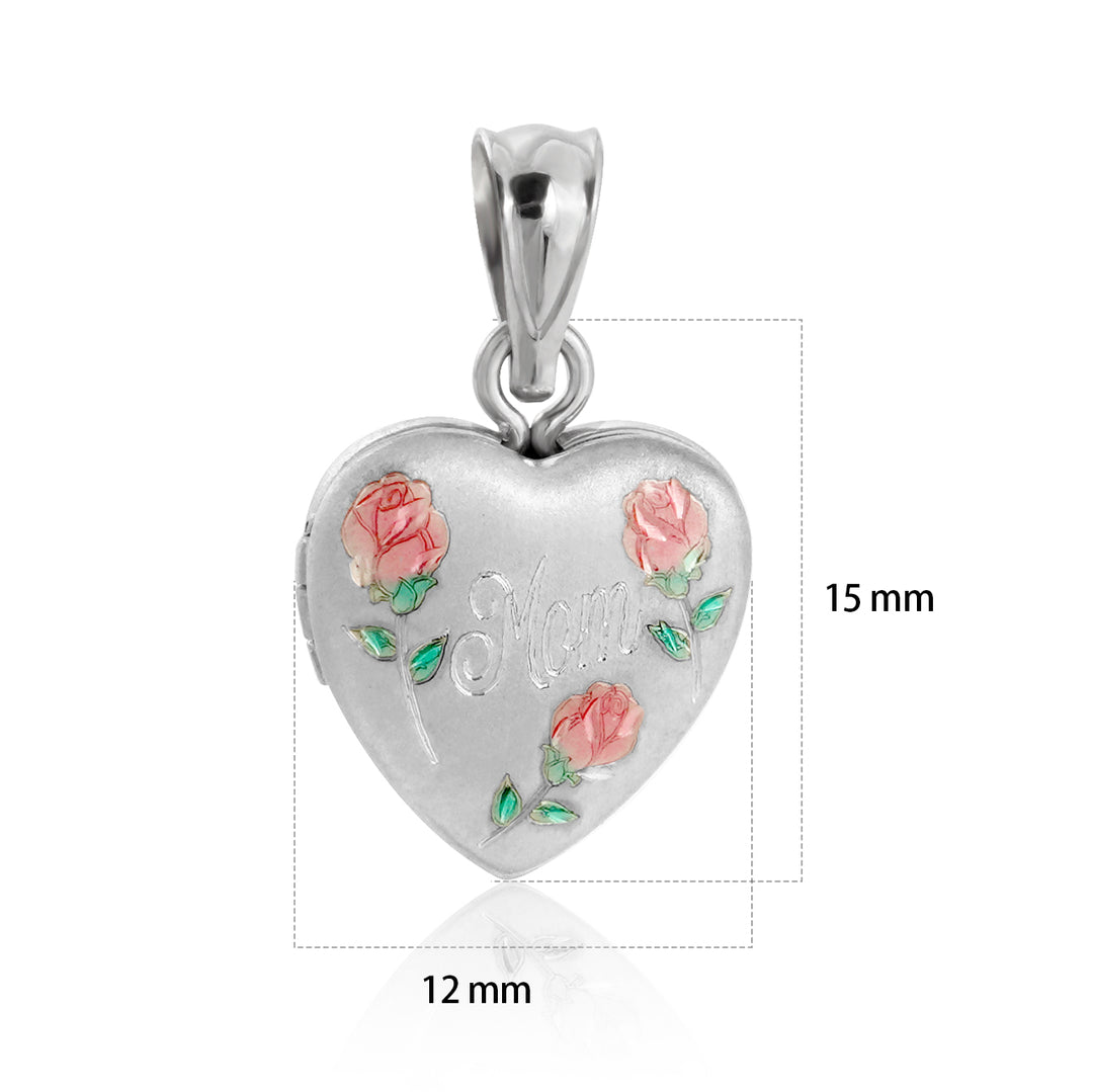 Gift Red Rose Flower Mother's Day Heart 925 Sterling Silver Locket Necklace Pendant