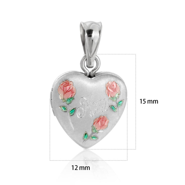 Gift Red Rose Flower Mother's Day Heart 925 Sterling Silver Locket Necklace Pendant