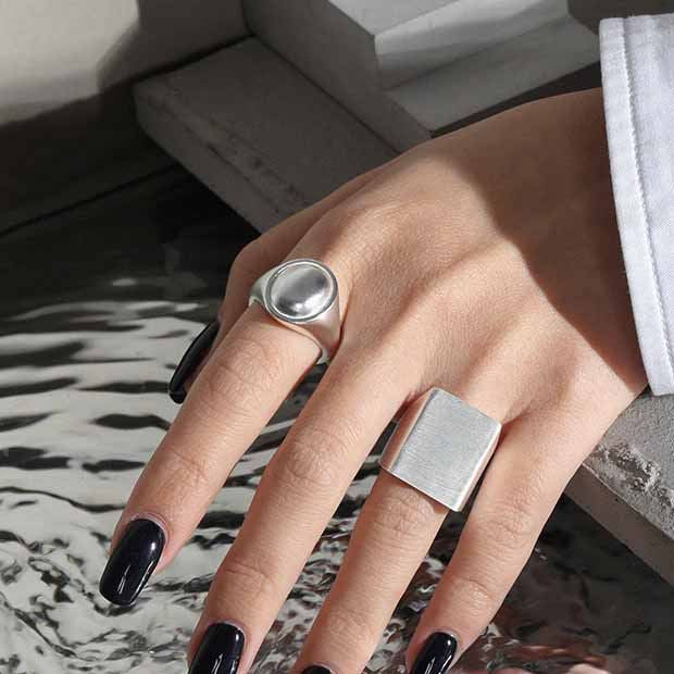 Wide Oval Signet Ring 925 Silver - Chunky Statement Ring Adjustable for Women