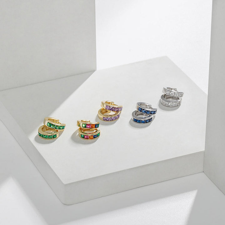 925 Silver Rainbow CZ Huggie Earrings - Small Colorful Hoop Earrings 10 Colors