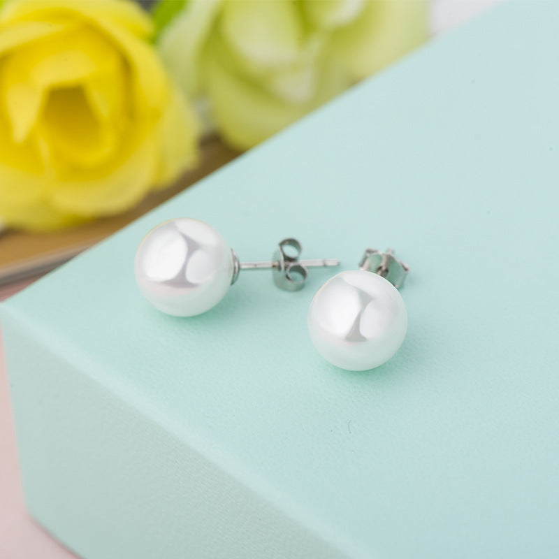 Fashion 925 Sterling Silver White Shell Pearl Concise Studs Earrings(6/8mm)