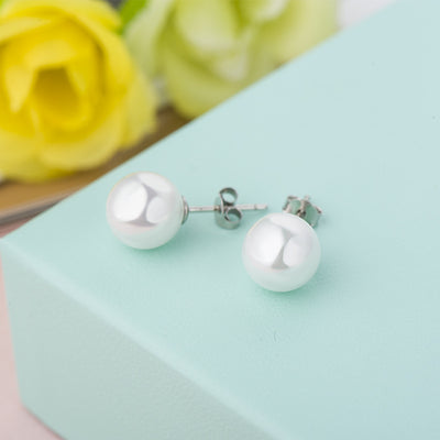 Fashion 925 Sterling Silver White Shell Pearl Concise Studs Earrings(6/8mm)